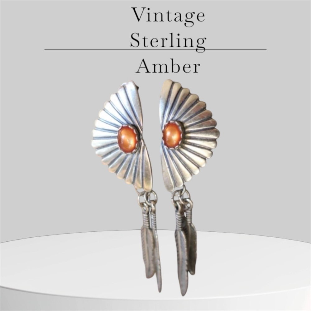 Vintage Native American Sterling Silver and Amber dangle feather Earrings
